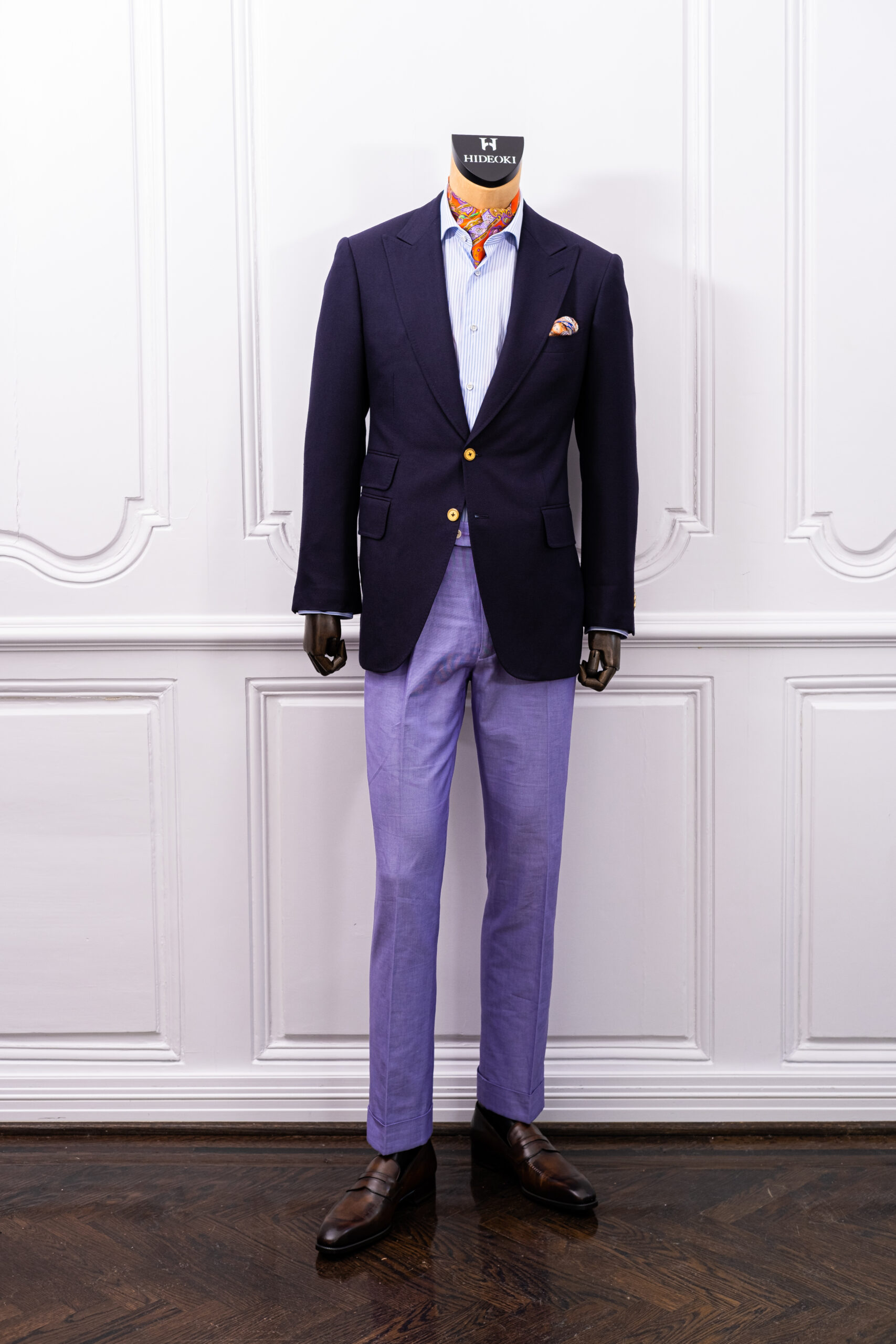 Navy Textured Peachtree Jacket with Purple Linen Trousers