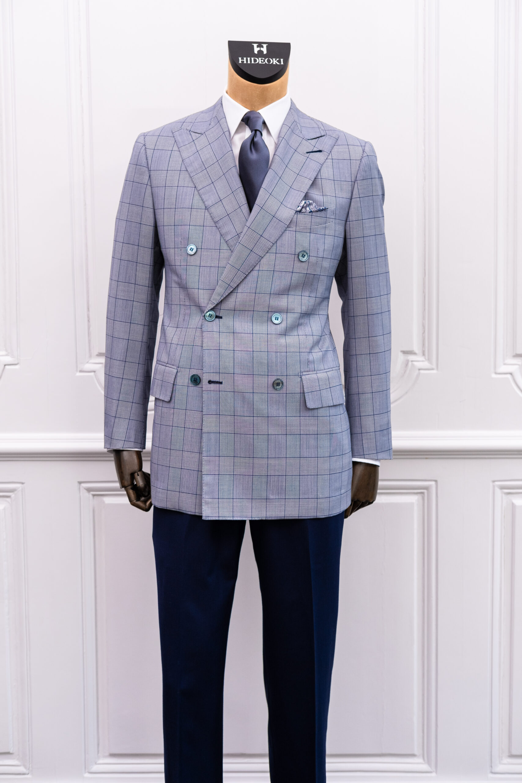 Blue and White Check Double Breasted Peachtree Jacket with Navy Trousers