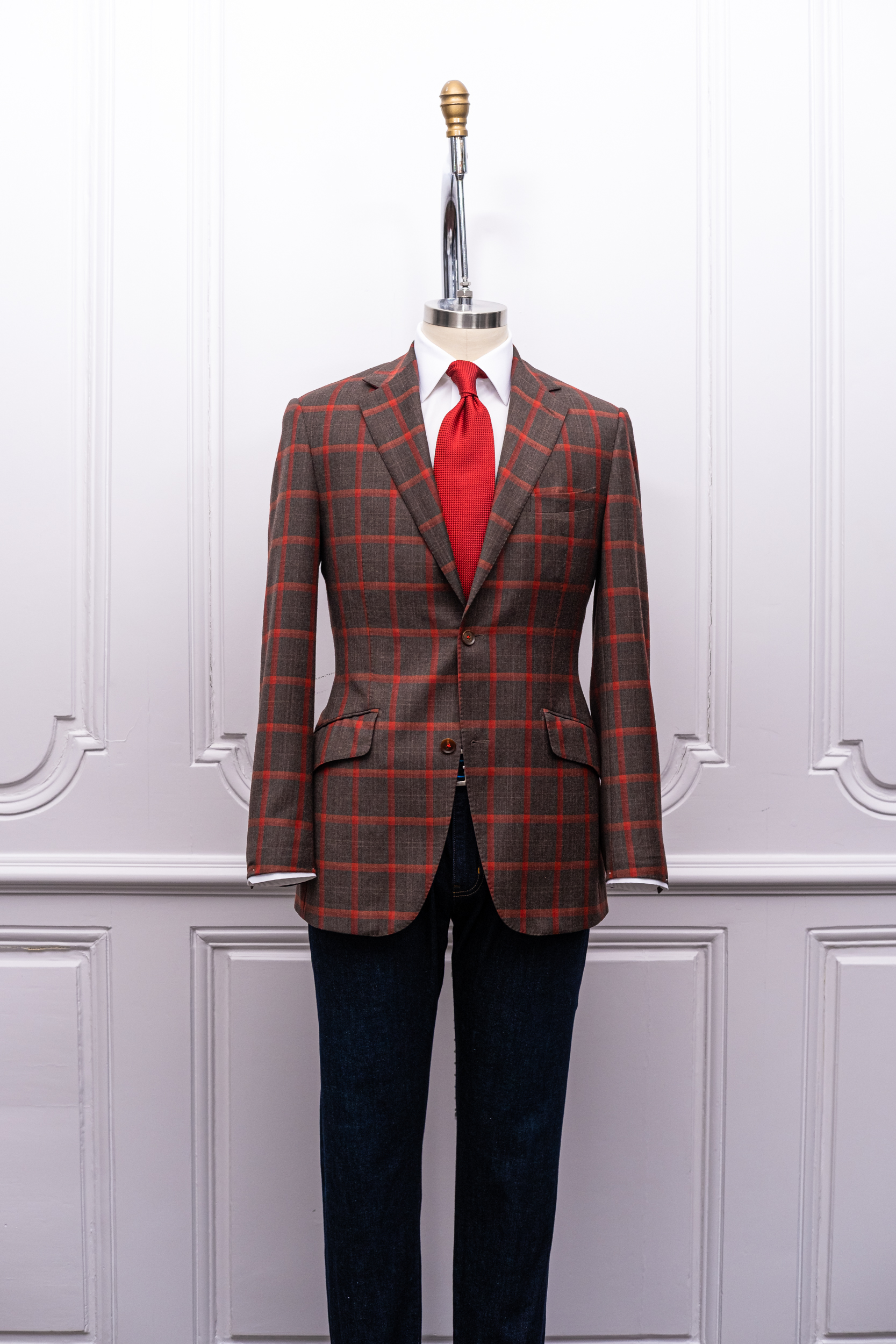 Brown and Red Windowpane Bennett Jacket and Denim Jeans