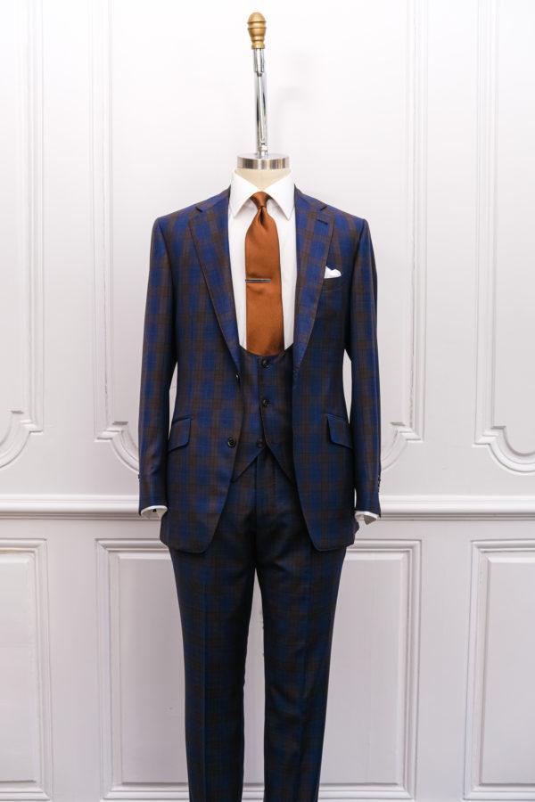 Blue Brown Plaid Bennett Suit with U-Shape Vest